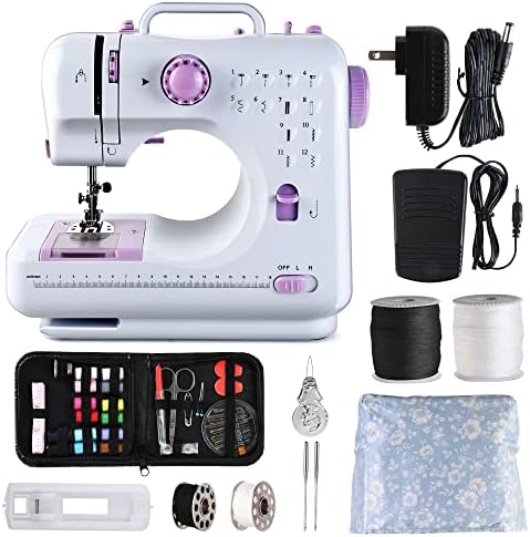 JUCVNB Mini Sewing Machine for Beginners and Kids, Sewing Machines with Reverse Sewing and 12 Built-in Stitches, Portable Sewing Machine with 27 Pieces Accessory Kit Included 2 Speed with Foot Pedal