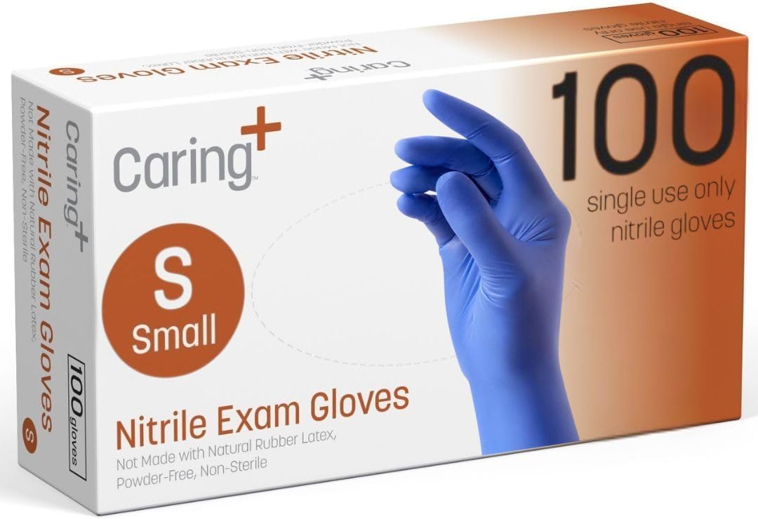 Caring Nitrile Exam Gloves, Blue, Powder-Free, Disposable Gloves for Medical Care, First Aid, Cleaning, Food Prep