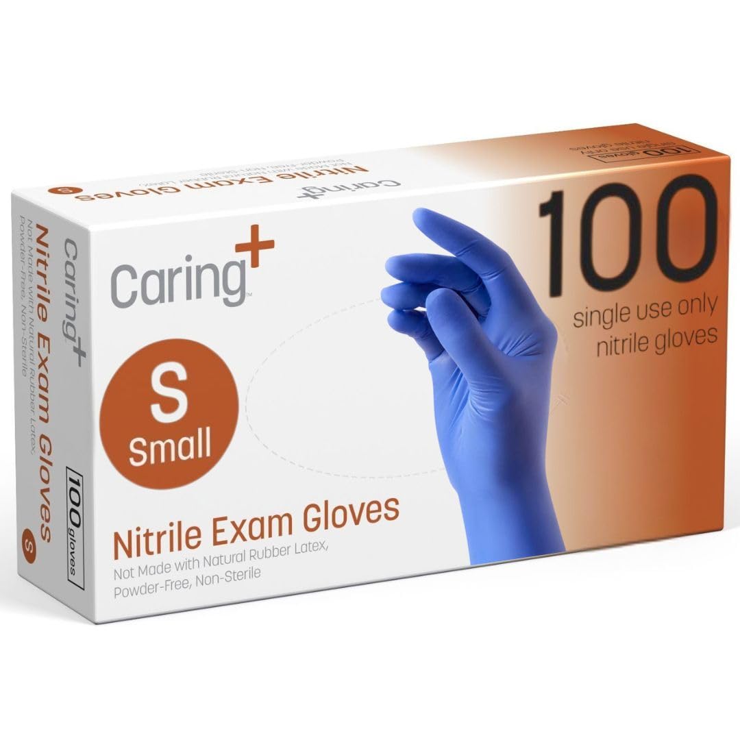 Caring Nitrile Exam Gloves, Blue, Powder-Free, Disposable Gloves for Medical Care, First Aid, Cleaning, Food Prep