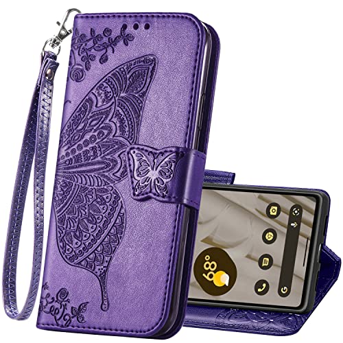 Haotp T244271103 Wallet Case For Google Pixel 8A,Pu Leather Wallet Flip Protective Phone Case Wrist Strap Card Slots Holder Pocket Emboss Butterfly Flower Stand Case cover
