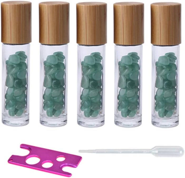 USRommaner Frascos de Vidro Transparente com Roller de Aventurina Verde e Tampa de Bambu, 10 mL, com Pipeta e Abridor — Pacote com 5