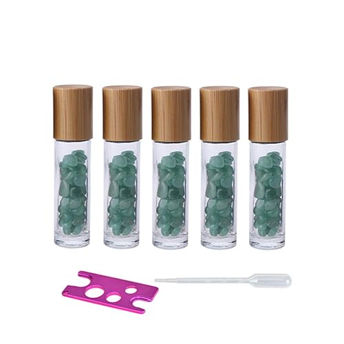 Miniatura 10 de Paquete de 5 botellas transparentes de 0.3 fl oz con chips de cristal de chakra naturales para aceites esenciales, botellas enrollables de vidrio de