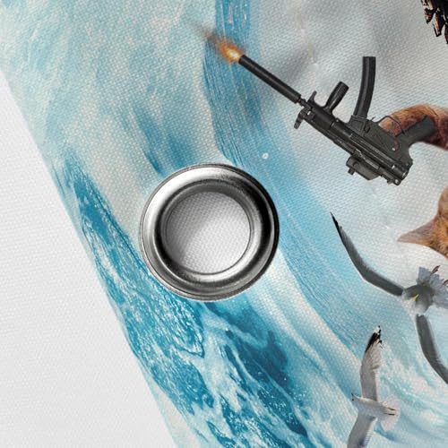 Image of Funny Cat Shower Curtain Set, Cute Cat Riding Dinosaur Theme Ocean Curtains for Bathroom Fun Nautical Kids Decor Polyester Fabric Restroom Curtains