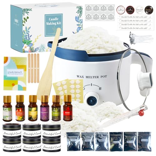 Kit di fabbricazione di candele di soia con fonditore di cera elettrico, Kit per Produzione di Candele per Principianti, inclusi 2 libbre di cera di soia, stoppini, profumi, coloranti, barattoli