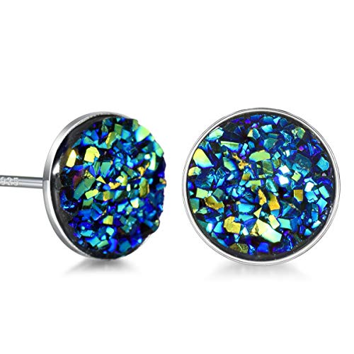 Sterling Silver Druzy Stud Earrings Hypoallergenic Round Studs For Women Men 8Mm -Black, Blue, White, Purple #TOP26