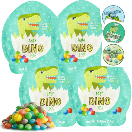 24 Pack Dinosaur Egg Candy, Mini Fruit Chews for Dino Party Favors