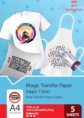Hierro sobre papel de transferencia para tela claras, blancas y transparente (Magic Paper) de Raimarket | 5 hojas | Transferencia de hierro A4 para inyección de tinta en papel/camisetas