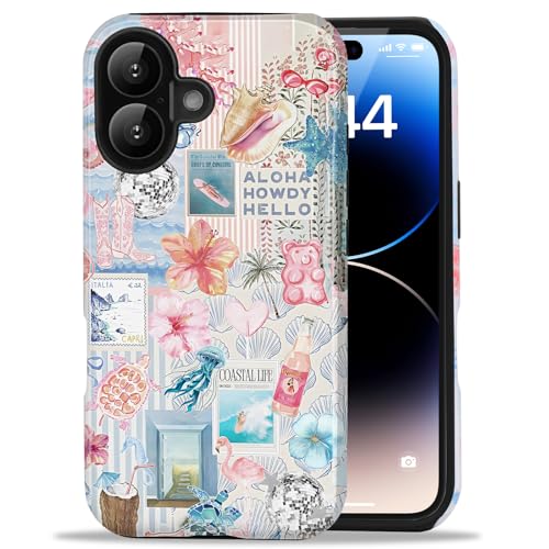 Amzfield Compatible with iPhone 16 Case, Aesthetic Summer Phone Case Cute Pink Flower Sea Life Collage Floral for Girl Women, Scratch Resistant Shockproof Protective Girly Case for iPhone 16
