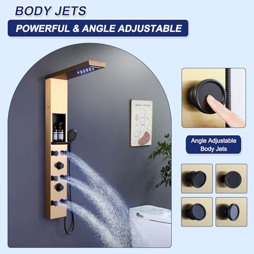 ROVATE LED Shower Panel Tower System with Shelf, Brushed Gold Rainfall Waterfall Shower Tower with 6 Angle Adjustable Body Jets, Self-Cleaning Handheld, Powerful Shower Column Stainless Steel - Thumbnail 7