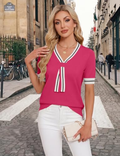 Image of Libsorge Womens Lightweight Cute Bow Tie Sweater Spring 2026 Business Casual Outfits V Neck Short Sleeve Tops