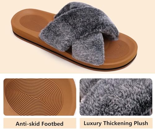 Image of COFACE Womens Fuzzy Slides Fluff Faux Fur Cross Slippers Open Toe Yoga Mat House Slipper Sandals With Arch Support For Indoor /Outdoor