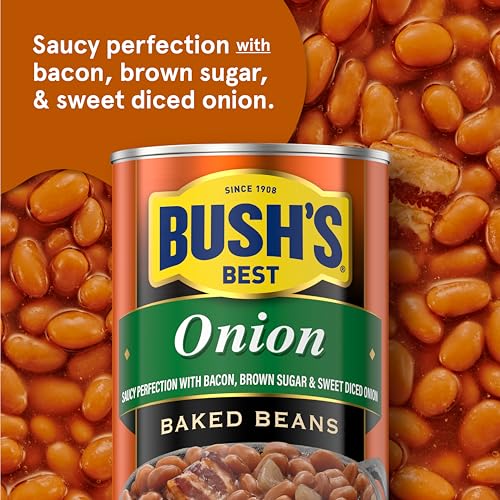 Image of Bush's Best Canned Onion Baked Beans (Pack of 12), Source of Plant Based Protein and Fiber, Low Fat, Gluten Free, 28 oz