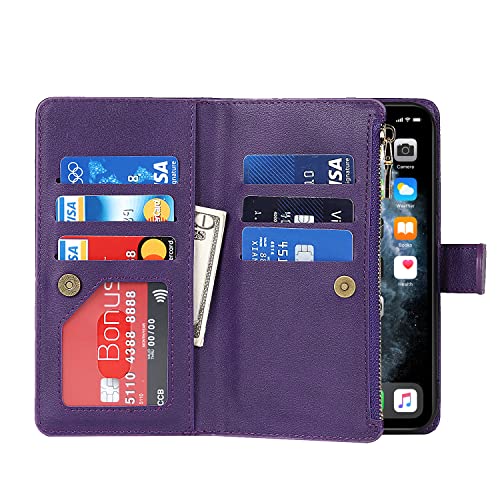 Jaorty Wallet Case Compatible with iPhone 11 Pro Case,[9 Card Slots] [Wrist Strap] [Stand Feature] Zipper Cash Pocket Magnetic Leather Cover Shockproof Slim Case for iPhone 11 Pro,5.8 inch Purple by Jaorty - Used condition - Image 5