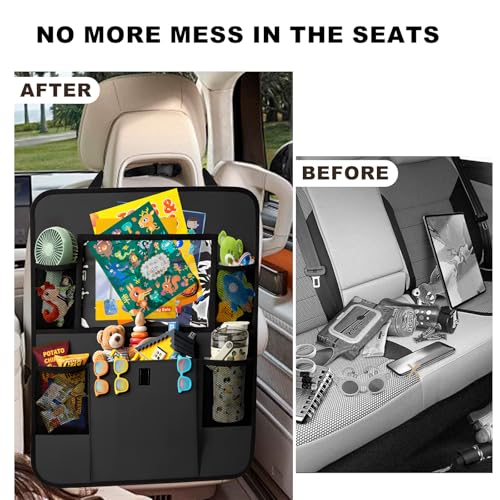 Image of Car Backseat Organizer with Tablet Holder, 6 Storage Pockets Seat Back Protectors Kick Mats for Kids, Car Seat Protector for Road Trips 2 Pack (Black)