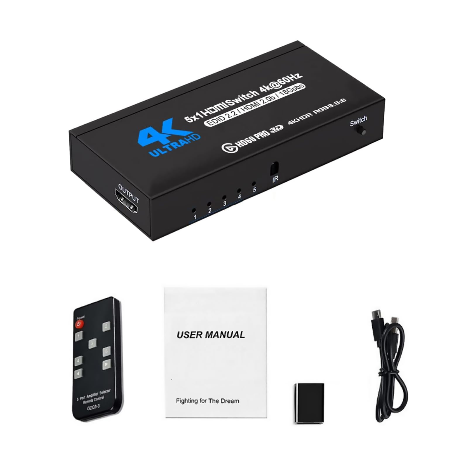 4K 60hz HDMI 5X1 Switch Video Splitter, HDMI Switch Splitter HDMI 2.0 Switch Splitter per HDTV PC Gamepad Console per Xbox per PS5, 5 ingressi 1 uscita, con telecomando