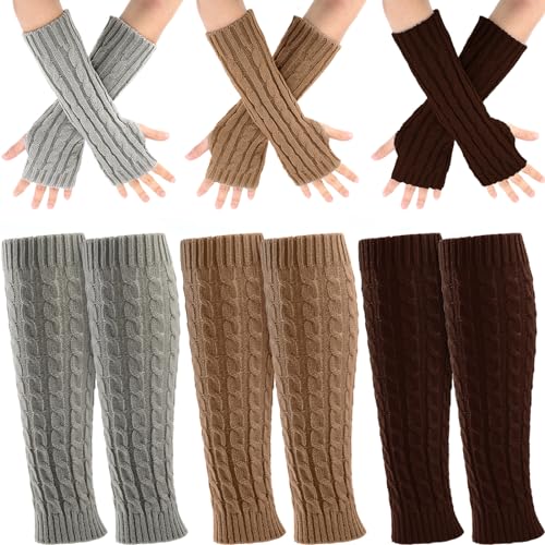 Image of Therwen 6 Pairs Knit Leg Warmers Arm Warmers Set for Women Cable Knit Leg Warmers Knee Warmers Thigh High Socks