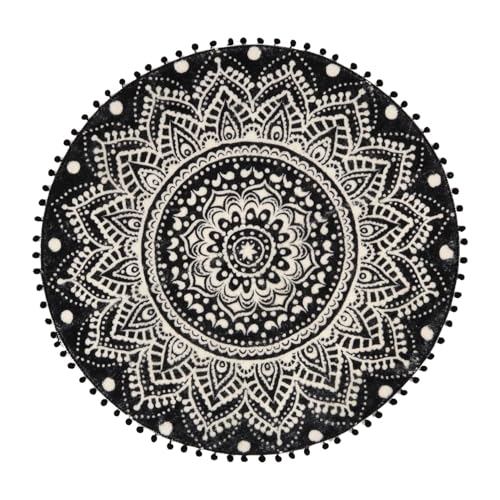 Uphome Boho Round Rug For Living Room 4' Circular Black Mandala Area Rug With Pom Poms Fringe Washable Cute Bohemian Accent Throw Rugs Non-Slip Soft Floor Mat For Bedroom Sofa Kids Room Nursery thumb #3