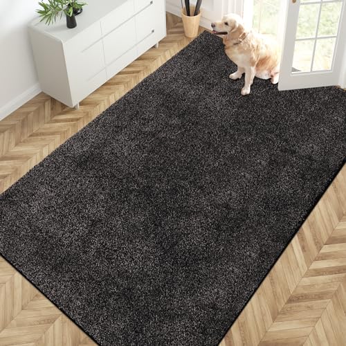 PURRUGS Easy Care Area Rug 4.5ft x 7ft, Non-Slip Washable Entryway Rug, Dog Door Mat, Stain Resistant Accent Rug for Hallway, Living Room, Bedroom and Mudroom, Charcoal