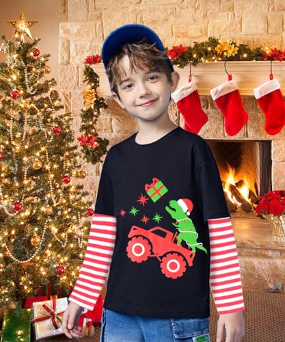 Image of Boys Christmas Tees Girls Dinosaur Tops Stripe Long Sleeve Shirt Kids Truck T-Shirt for Toddler Xmas Gifts 3-9 Years