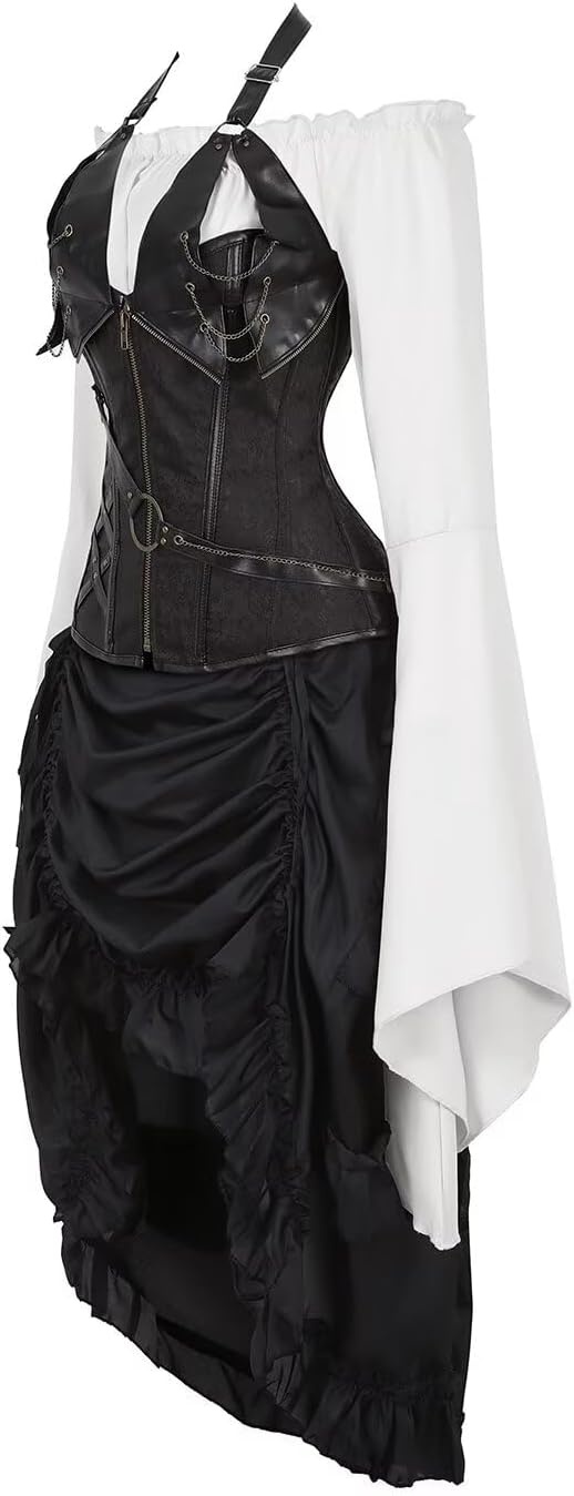 Corsets for Women Steampunk Dress Leather Basques and Bustier Skirt Asymmetry lace Pirate