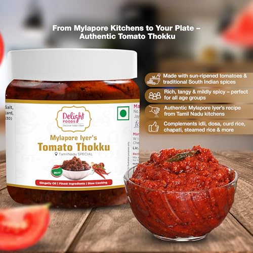 Image of Delight Foods Mylapore Iyer's Tomato Thokku 300g | Traditional Tamil Nadu Rice Mix | Made with Pure Gingelly /Sesame Oil | Homemade Style Tomato Pickle | No Preservatives