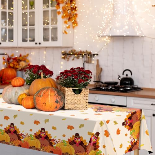 Image of Kochorie 100 Ft x 54 Inch Fall Thanksgiving Turkey Tablecloth Roll with Cutter Box Waterproof Plastic Autumn Friendsgiving Maple Leaves Backdrop Table Cover for Autumn Thanksgiving Party Decor