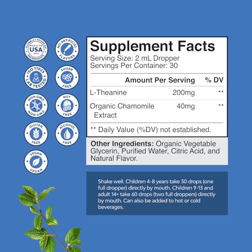 Image of Natures Craft High Absorption L-Theanine Liquid Drops - Nootropic Focus Supplement with L Theanine 200mg Per Serving and Chamomile Extract - Adults and Kids Relaxation and Focus - 2 Fl Oz (3 Pack)