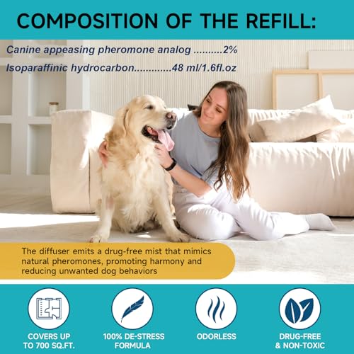 Image of Woyamay Dog Calming Diffuser Refills - Dog Pheromones Calming Diffuser for Dogs Relieve Anxiety & Stress, 2-Month Supply Dog Pheromone Diffuser Refills (Fits All Common Diffuser Heads)