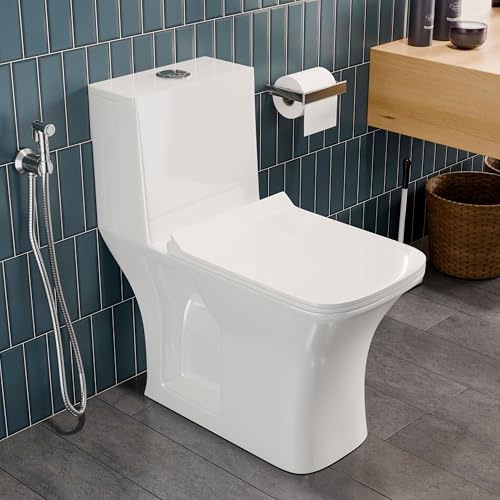 Image of One Piece Ceramic Floor Mounted Commode Water Closet Western Toilet /European Commode With Soft Close Seat Cover 29 X 14 X 26 Inches (White 10 (S Trap Outlet Is From Floor))