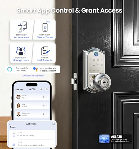 Image of Veise VE018 Smart Knob Handle Lock - Fingerprint, App Control, Keyless Entry for Front Door and Bedroom, Electronic Digital Keypad, Auto Lock, Remote Access Sharing, Easy Installation, Satin Nickel