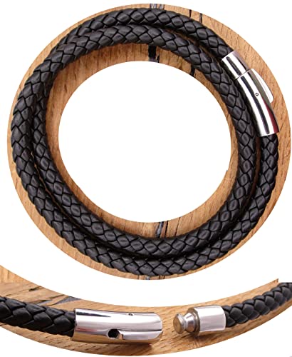 Lederkette Lederhalsband Kalbsleder aus sechs Bändern geflochten Ø 6mm Schwarz Edelstahl Verschluss für Herren & Damen TOP (M (46 cm))