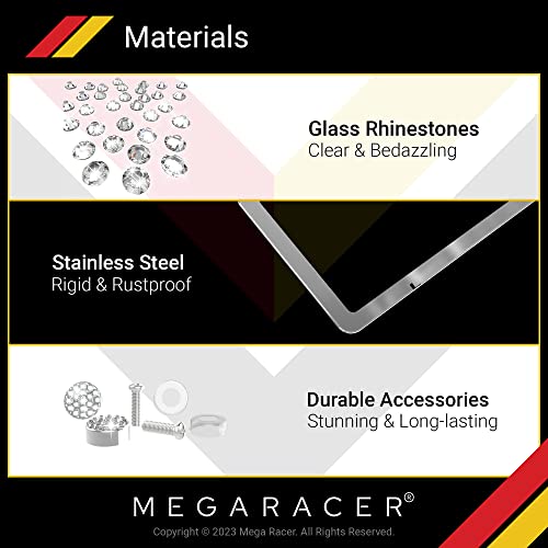 Mega Racer Crystal Diamond License Plate Frame - Premium 650 Pieces White Rhinestones Three Row, 2 Holes Stainless Steel Weatherproof, 1 Piece #TOP3