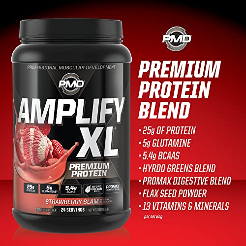 Pmd Sports Amplify Xl Premium Whey Protein Supplement Hydro Greens Blend - Glutamine And Whey Protein Matrix With Superfood For Muscle, Strength And Recovery - Strawberry Slam (24 Servings) #TOP5
