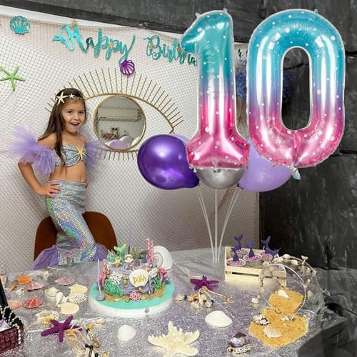 Image of Mermaid Number 0 Balloons 40 Inch, Large Purple Teal Rainbow Number Balloons 0-9 Set, Starry 0 Mylar Foil Balloon Numbers for Girls Women Baby Shower Birthday Graduation Anniversary Party Decorations