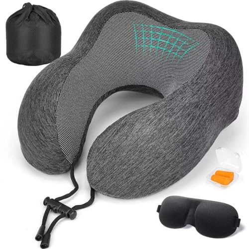 HITSZS Almohada cervical de viaje en avión, almohada cervical para adultos hecha de espuma viscoelástica, reposacabezas con funda de cojín suave y transpirable, tapones para los oídos, máscara de
