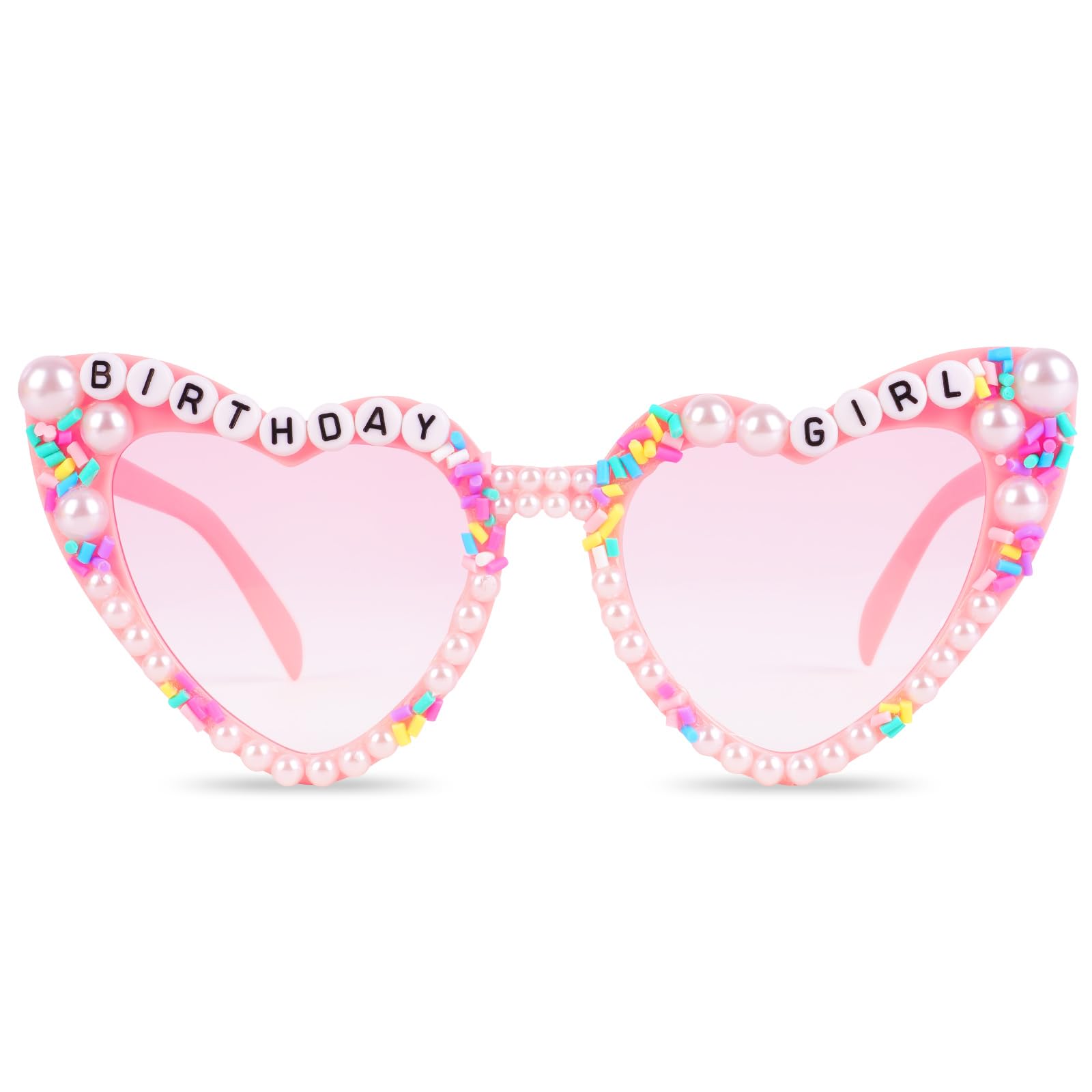 Ainiv Birthday Glasses for Women Girls, Heart Shaped Birthday Girl Pearl Sunglasses, Birthday Party Decoration Supplies, Fashion Eyeglasses for Photo Props Cute Accessories Favors- Pink