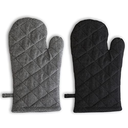Image of 2 Oven Gloves, Cotton Heat Resistant Oven Mitts Kitchen Gloves for Cooking, Baking | Heat Proof, Durable, Free Size (Black and Grey)