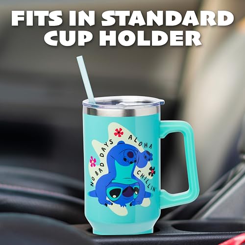 Image of Silver Buffalo Disney Lilo and Stitch Aloha No Bad Days Chillin' Double Walled Stainless Steel Tumbler with Handle and Straw, Fits in Standard Cup Holder, 40 Ounces