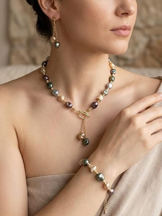 Set Gioielli con Perle Barocche Multicolore e Oro