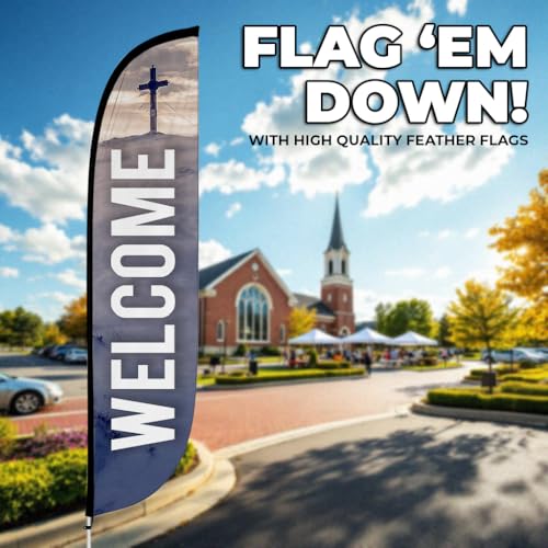 Image of LookOurWay Feather Flag Set, 12 ft Advertising Flag with Fiberglass Poles and Ground Spike for Business Promotion, Church Theme (Welcome)