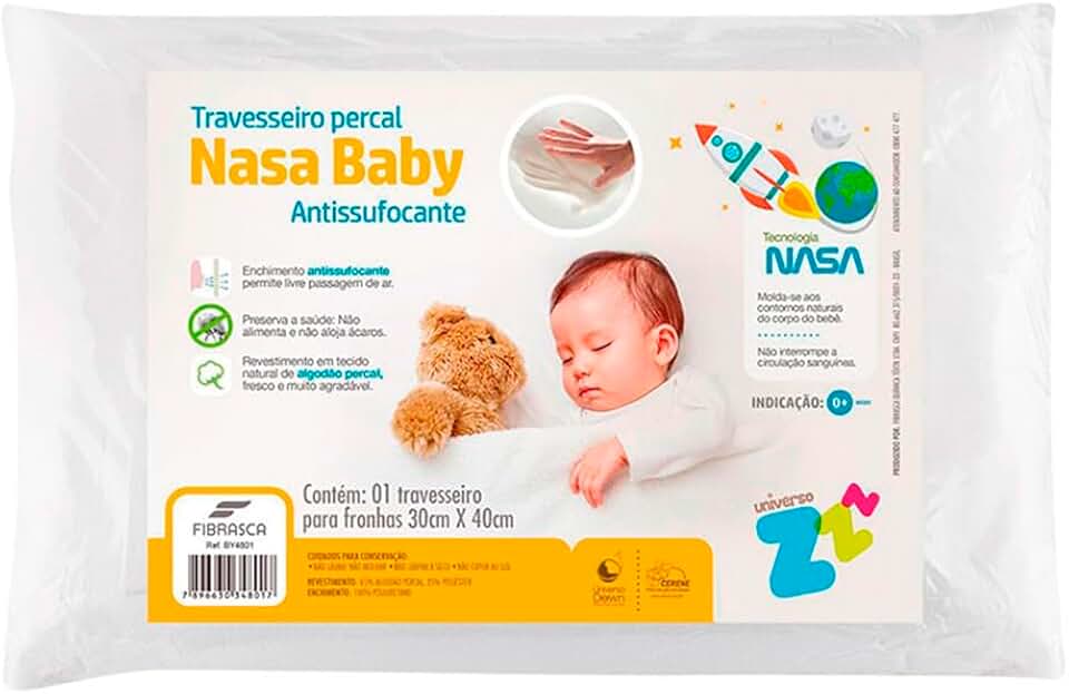 Travesseiro para Bebê Nasa Anti sufocante 6+ - Capa removível em Percal 180 frios - P/fronhas 30x40cm - Fibrasca