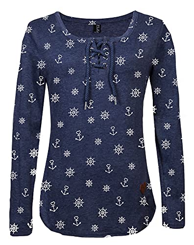 FLEASEE Damen Langarmshirt Rundhals Langarm Oberteile Longshirt Anker Allover Druck mit Kordeln Elegant Bluse Tops, Blau, M
