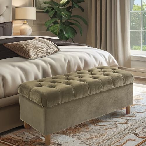 Image of HomePop 40 inch Ainsley Button Tufted Storage Bench - Light Sage Green Velvet