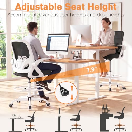 Image of ORRSAKER Drafting Chair, Tall Office Chair with Flip-up Arms, Mesh Ergonomic Computer Standing Desk Chair with Adjustable Height Foot Ring and Lumbar Support, 300 LBS Capacity, White