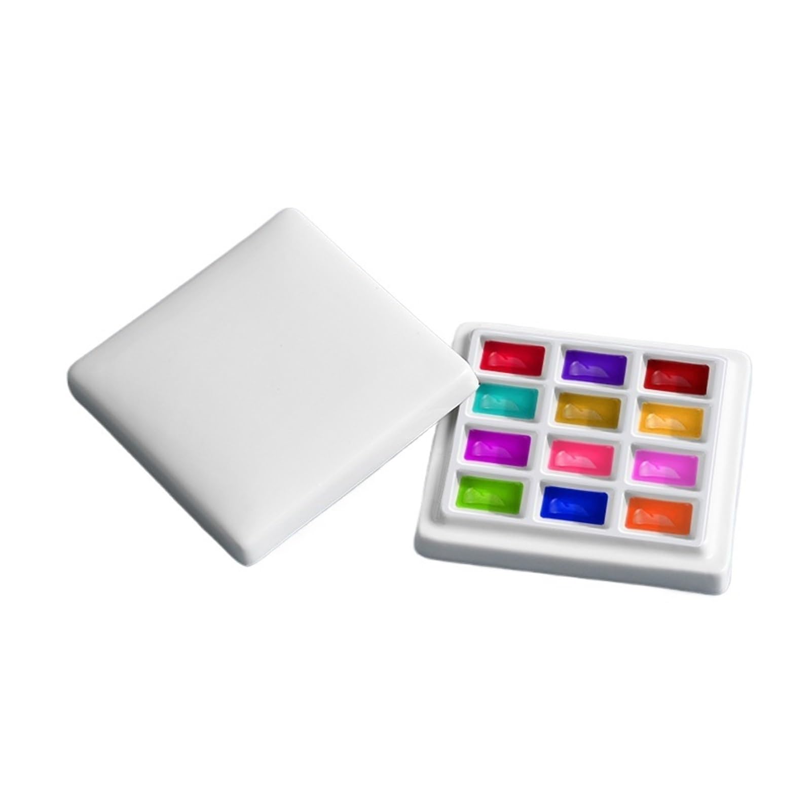 Flat Paint Mixing Palette， White Porcelain Ceramic Paint Palette Multiple Sizes with Lid for Watercolor Gouache(12 grids with lid)