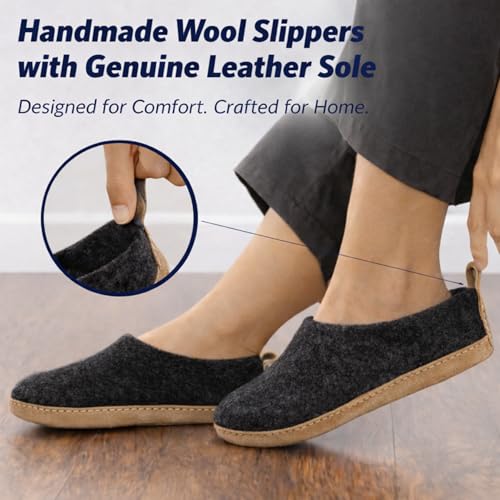 Image of Wool Indoor Slippers - Natural Organic Wool, Genuine Leather Sole, Handmade in Nepal - Cozy, Warm, Soft, Unisex Non-Slip House Shoes for Men & Women - Perfect for Winter Comfort