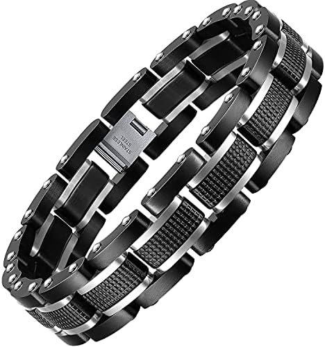 Zillaly Men's Stainless Steel Two-Tone Square Link diamond Bracelet in Black & Blue Ion-Plated Black (Silver)