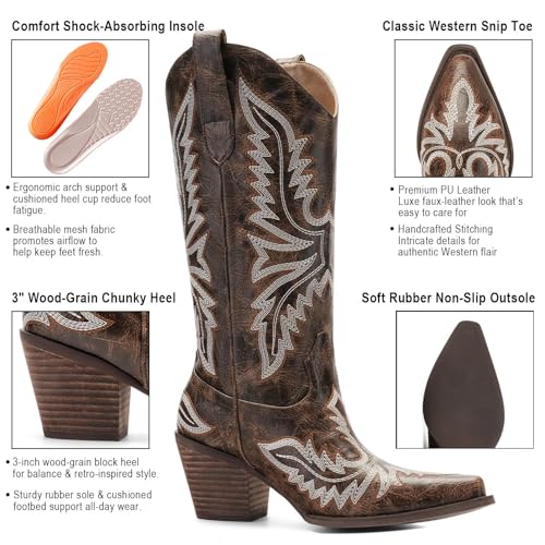Image of Cowboy Boots for Women - Embroidered Western Cowgirl Boots with Fashion Snip Toe, 1.75-Inch Low Block Heel and All-Day Comfort Fit