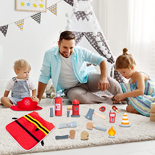 umu Fantasia de bombeiro para crianças, 14 peças de brinquedo de imitação de bombeiro de madeira, ac