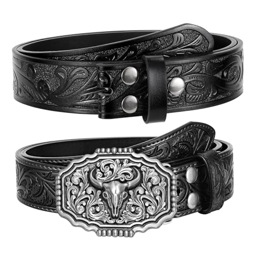 2pcs Vintage Distressed Western Cowboy Belt – Rodeo Genuine Leather Gift for Men Jeans Casual (02bull Buckle-black+black,for Wasit 30)